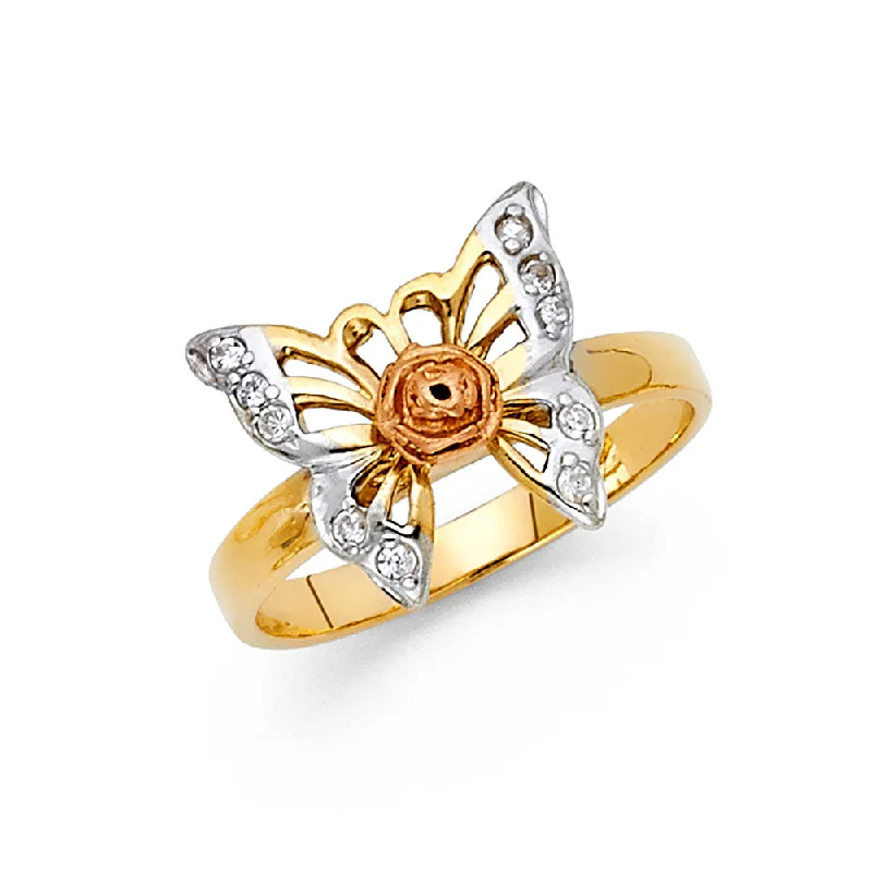 Women’s cushion cut rings-14K Solid Gold CZ Fancy Butterfly & Flower Ring