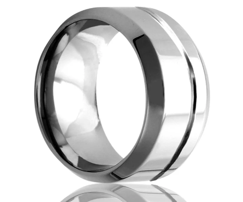 Women’s fashion rings-Men's Beveled Edge Tungsten Ring With An Offset Decorative Groove