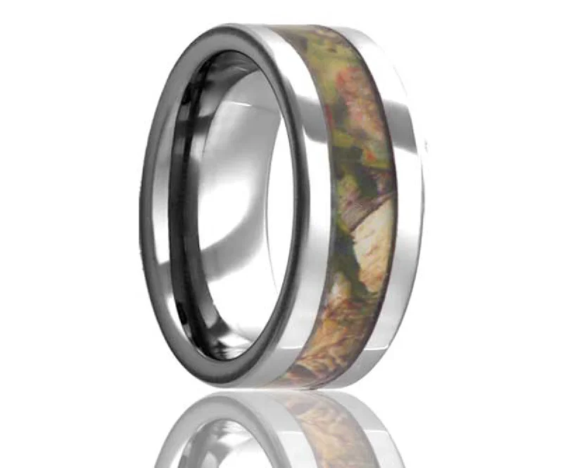 Women’s adjustable wedding bands-Flat Edge Woodland Pine Tungsten Ring