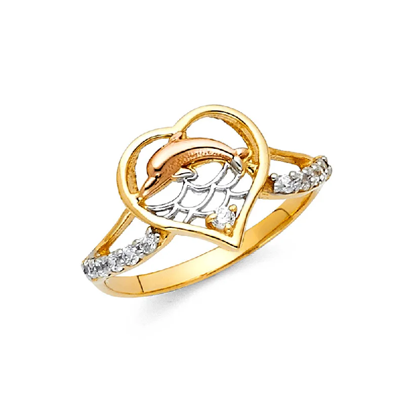 Women’s white diamond rings-14K Solid Gold Fancy Dolphin with Heart Ring