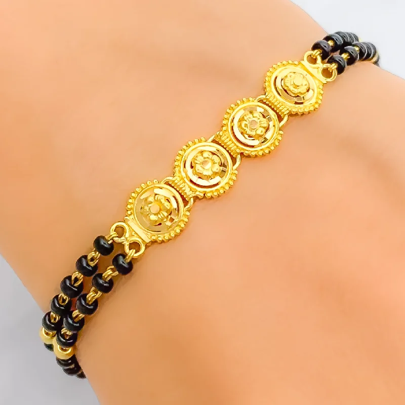 Women’s classic bangles-Interlinked Floral 22k Gold Black Bead Bracelet