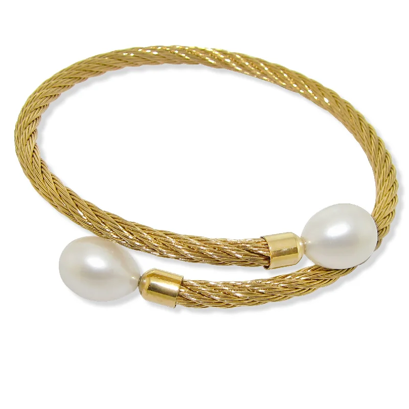 Women’s engraved charm bracelets-DaVonna Stainless Steel 9-10mm White Long Shape Pearl Expandable Bangle Bracelet.