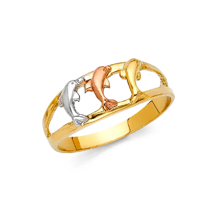 Women’s wedding set rings-14K Solid Gold Fancy Triple Dolphin Ring