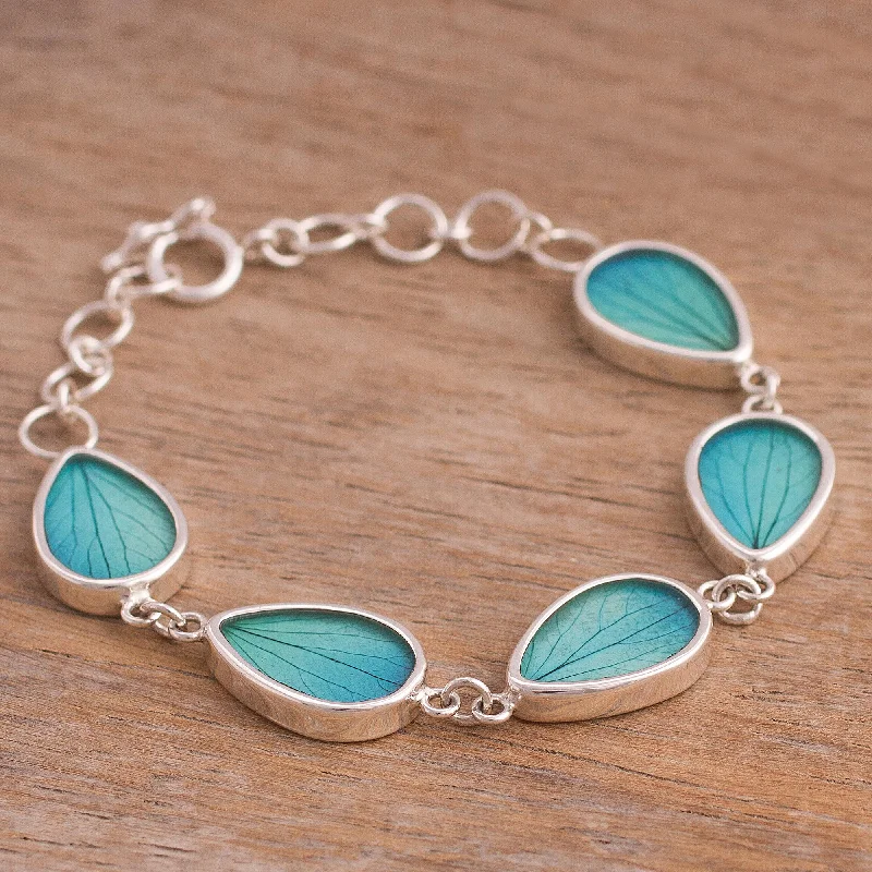 Women’s sleek bangles-Petal Rain in Aqua Aqua Hydrangea Leaf Sterling Silver Teardrop Link Bracelet