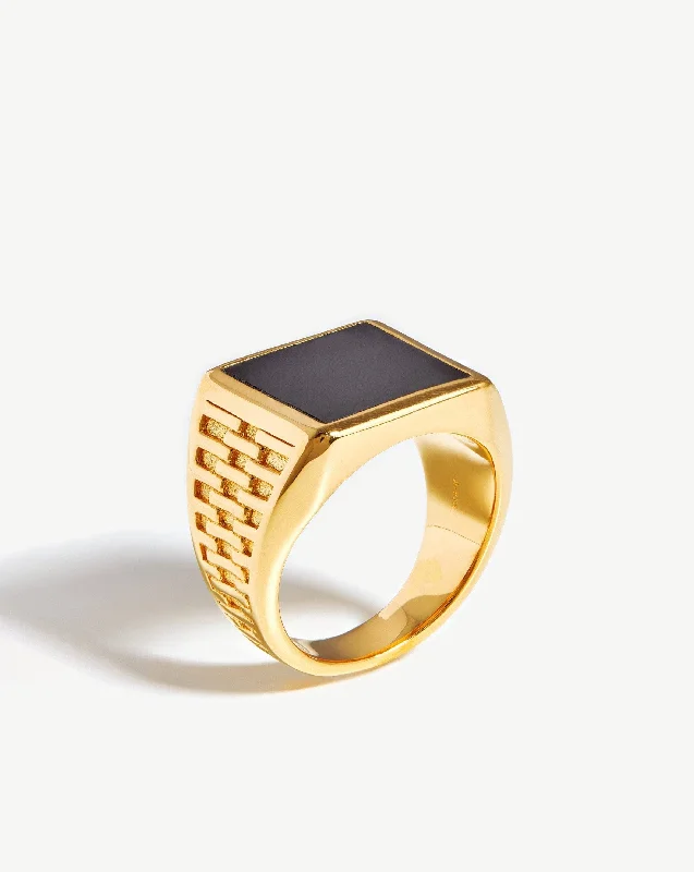 Women’s floral rings-Fused Woven Gemstone Square Signet Ring | 18ct Gold Vermeil/Black Onyx