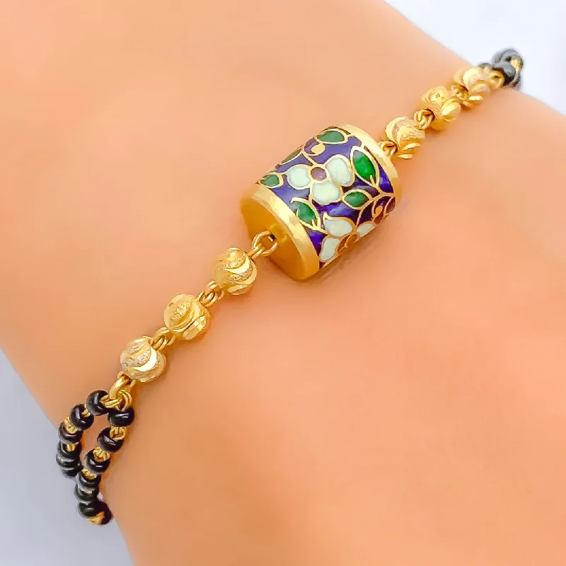 Women’s luxury bracelets-Fancy Floral 22k Gold Black Bead Bracelet