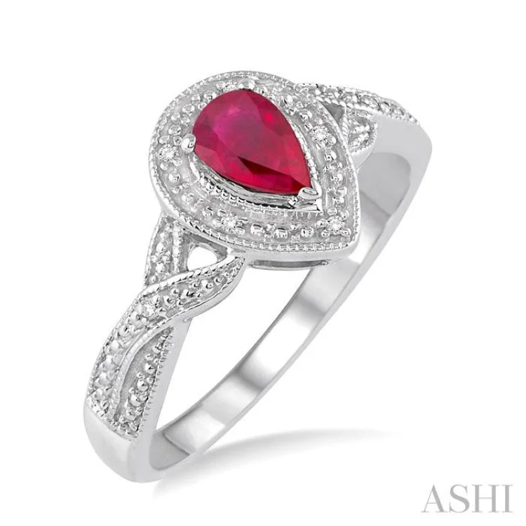 Women’s cushion cut engagement rings-6x4 mm Pear Shape Ruby and 1/50 Ctw Round Cut Diamond Ring in Sterling Silver