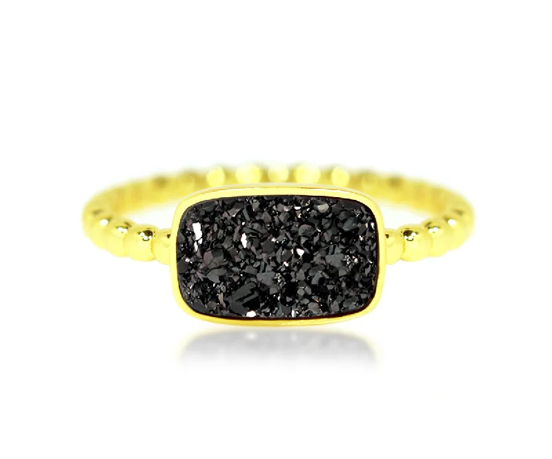 Women’s two-tone rings-Horizontal Rectangle Black Druzy 14k Gold Ring