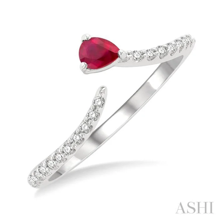 Women’s modern engagement rings-1/10 ctw Petite 4X3MM Pear Cut Ruby and Round Cut Diamond Precious Fashion Ring in 10K White Gold