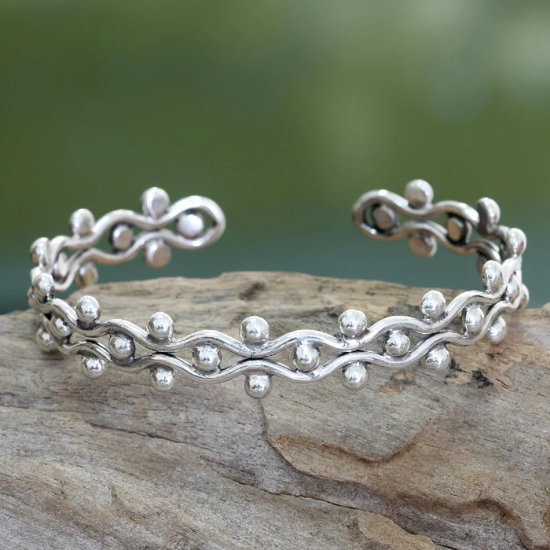 Women’s glittering bracelets-Floral Buds Sterling Silver Cuff Bracelet from Indonesia