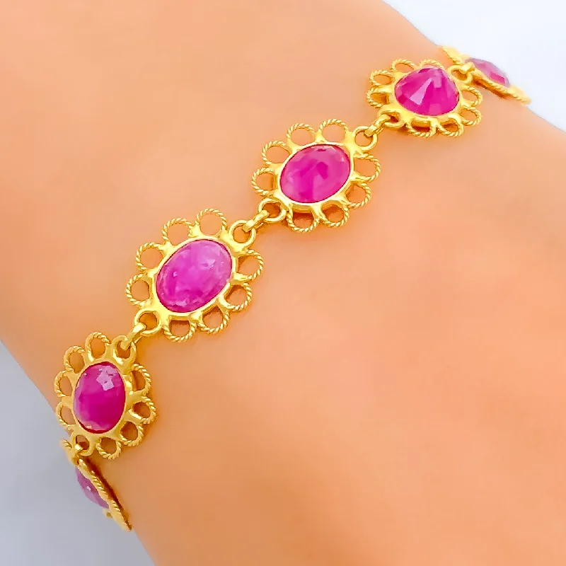 Women’s minimalist bracelets-Lovely Linked Ruby Flowers 22k Gold Bracelet