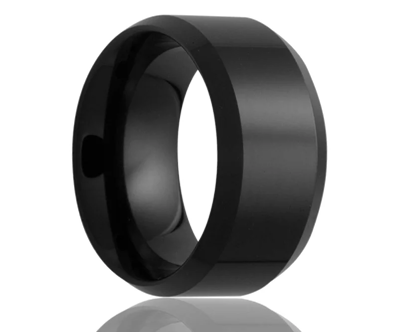 Women’s solitaire rings-Black Beveled Edge Ceramic Ring