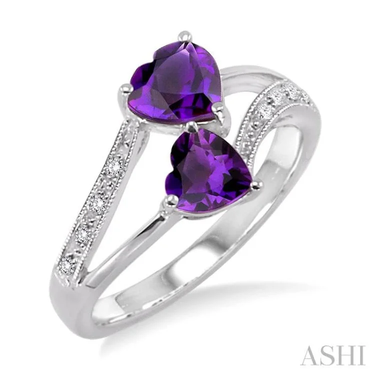 Women’s halo diamond engagement rings-5 & 6MM Heart Shape Amethyst and 1/20 Ctw Round Cut Diamond Ring in 14K White Gold