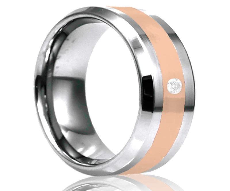 Women’s oval rings-Men's Beveled Edge Tungsten Ring With Rose Gold Inlay And One Stone