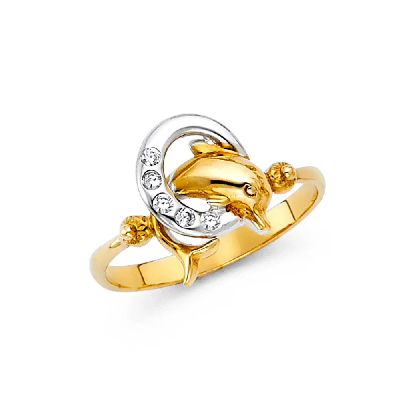 Women’s antique rings-14K Solid Gold CZ Fancy Jumping Dolphin Ring