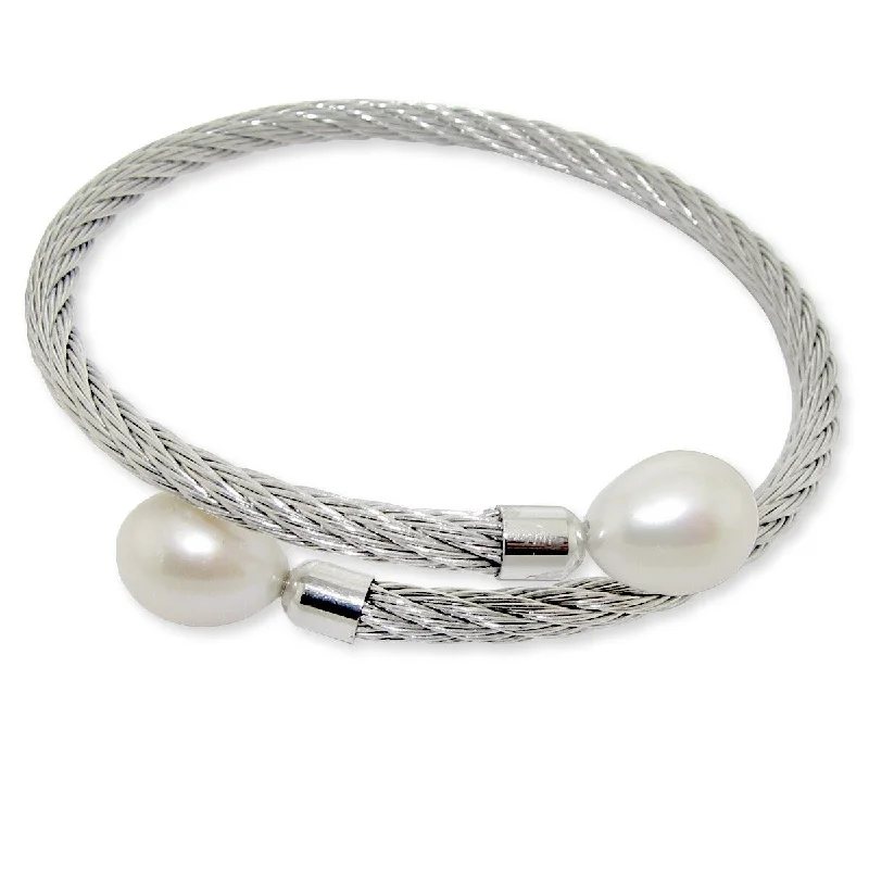 Women’s classic bangles-DaVonna Stainless Steel 9-10mm White Long Shape Pearl Expandable Bangle Bracelet.