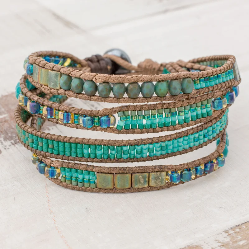 Women’s adjustable charm bracelets-Glistening Lake Glass Beaded Wristband Bracelet in Cerulean from Guatemala