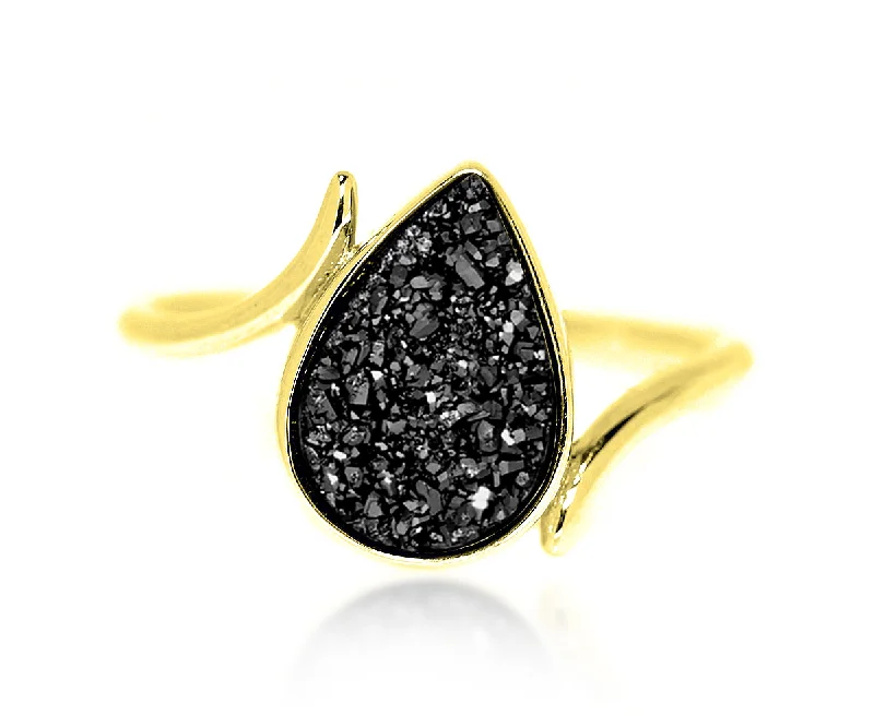 Women’s thick band rings-Bypass Teardrop Black Druzy 14K Gold Ring