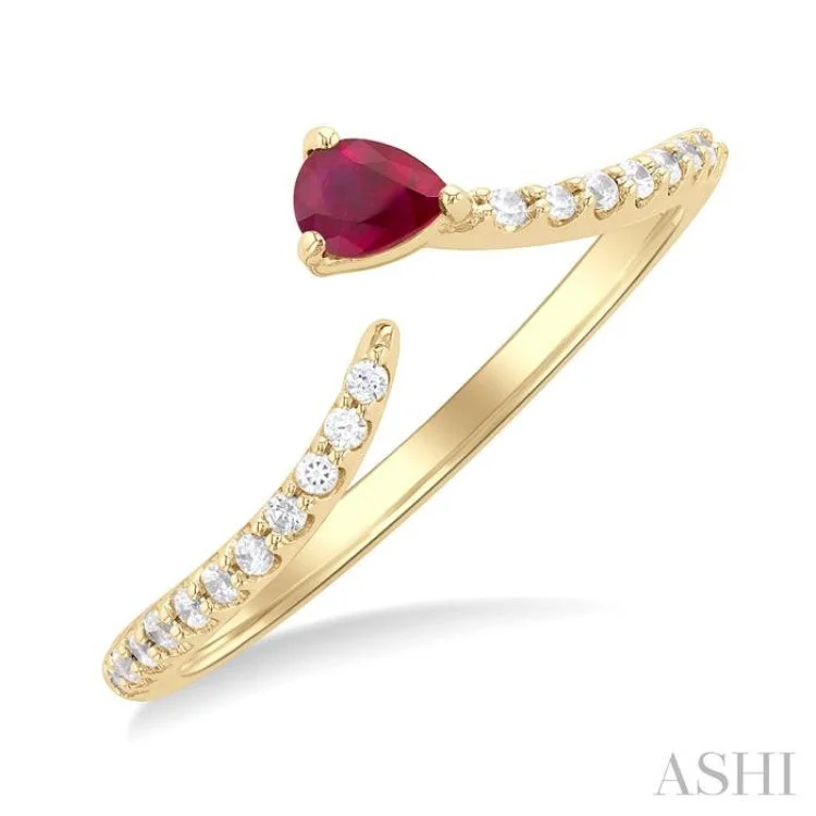 Women’s stacked engagement rings-1/10 ctw Petite 4X3MM Pear Cut Ruby and Round Cut Diamond Precious Fashion Ring in 10K Yellow Gold