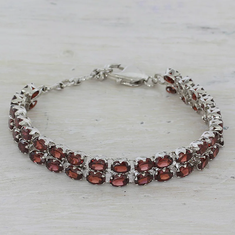 Women’s gold bracelets-Fiery Glam Garnet Silver Tennis Bracelet