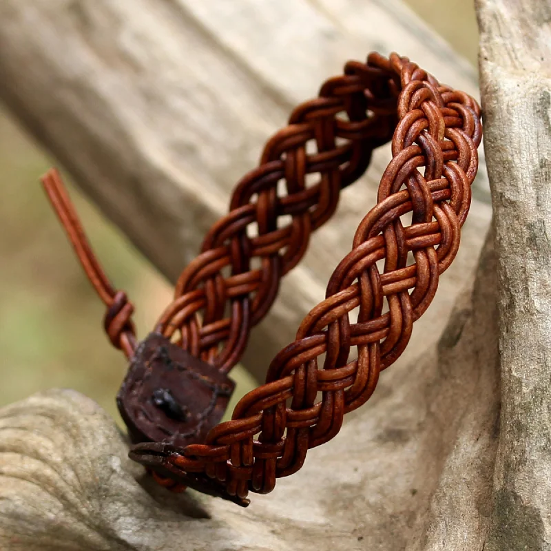 Women’s infinity bangles-Braided Paths in Brown Brown Leather Braided Bracelet from Thailand