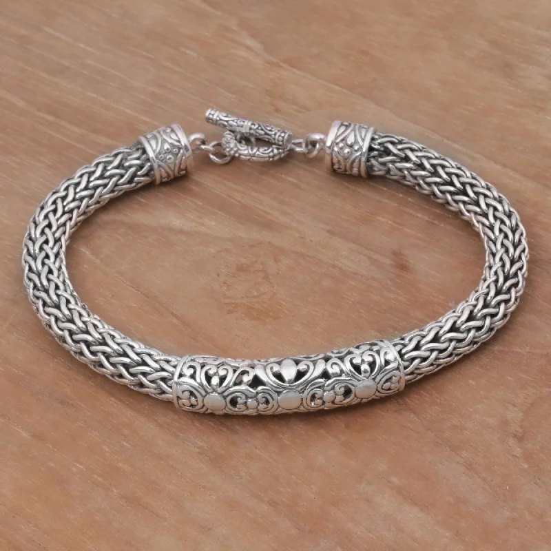 Women’s sparkling bangles-Floral Dragon Artisan Braided Sterling Silver Floral Pendant Bracelet