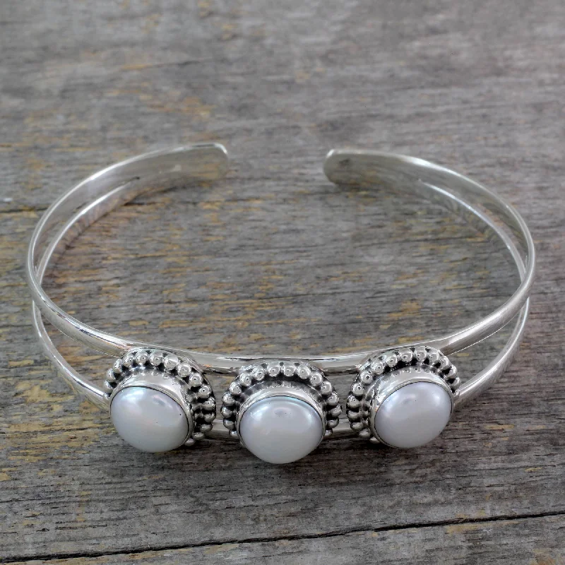 Women’s charm bracelets-Moonlight Trio Hand Made Indian Sterling Silver Cuff Pearl Bracelet