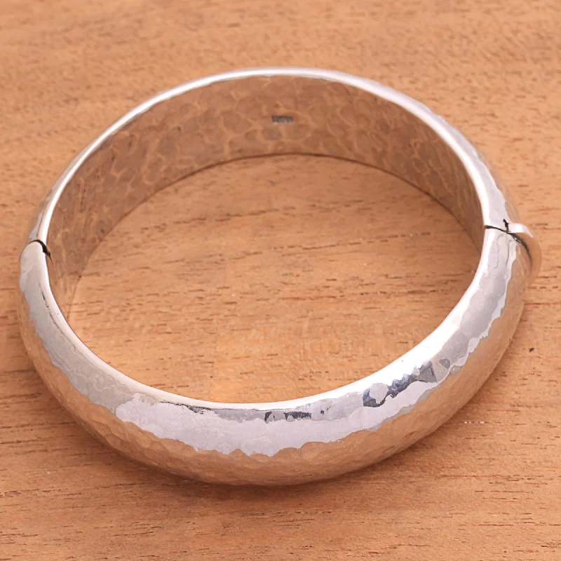 Women’s statement bracelets-Texture of Fortune Hammered Sterling Silver Bangle Bracelet from Bali