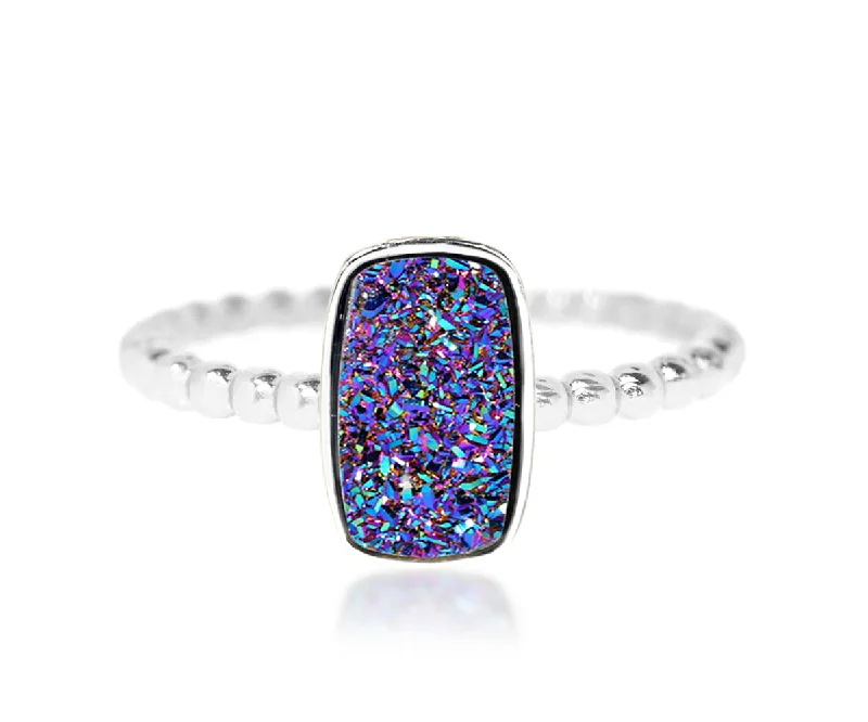 Women’s engagement rings with halos-Vertical Rectangle Purple Rainbow Druzy Ring