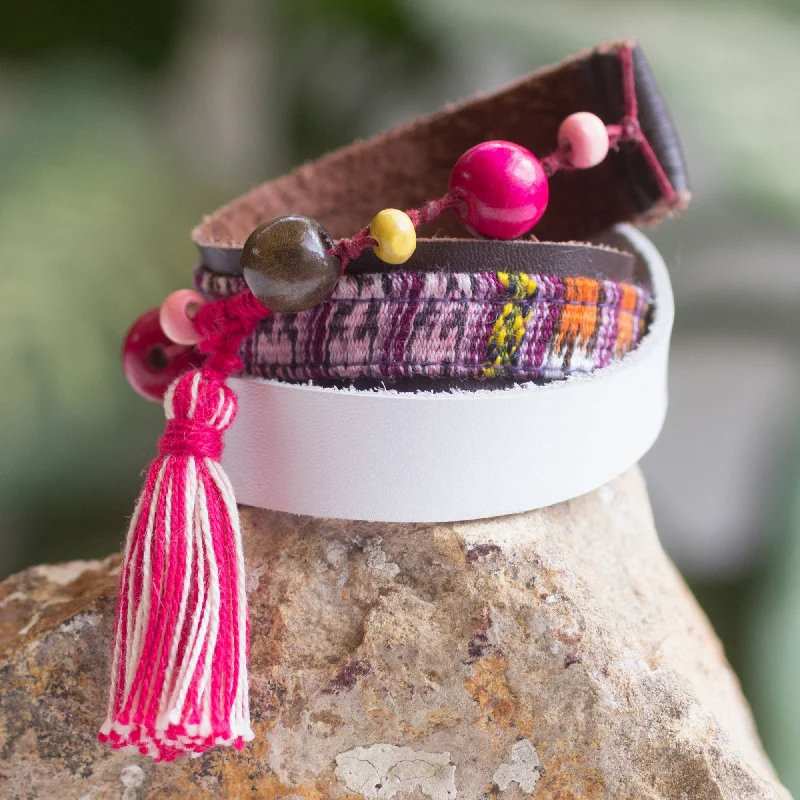 Women’s boho bracelets-Harmony and Peace Leather and Cotton Wrap Bracelet