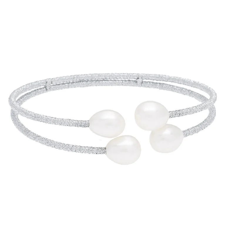 Women’s sparkling bracelets-DaVonna Thread and White Freshwater Pearl 2-row Bangle Bracelet