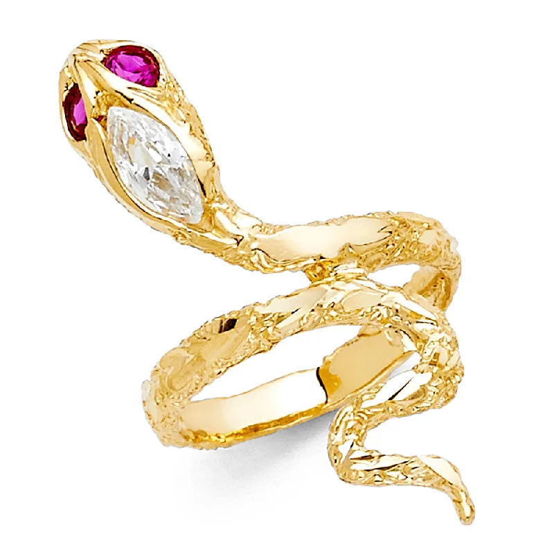 Women’s modern rings-14K Solid Gold Red Eyed CZ Snake Fancy Ring