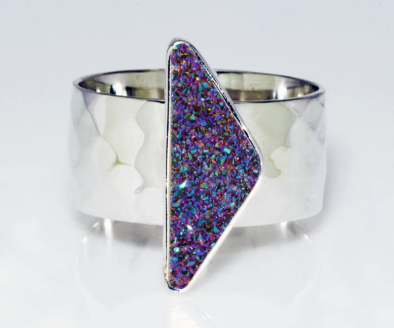 Women’s halo wedding rings-Triangle Purple Rainbow Druzy Wide Ring