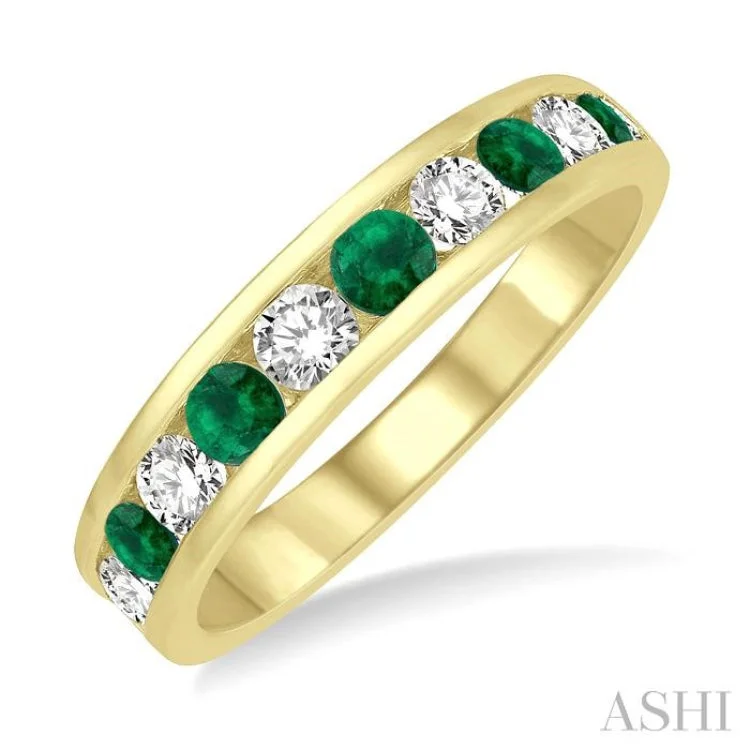 Women’s fancy color diamond engagement rings-1/2 ctw Round Cut Diamond and 2.9MM Emerald Precious Wedding Band in 14K Yellow Gold