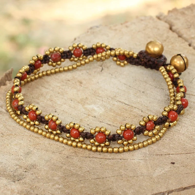 Women’s handmade bangle bracelets-Fiery Sky Hand Knotted Beaded Bracelet with Jasper and Brass Bells