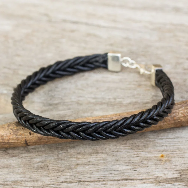 Women’s adjustable bangles-Assertive in Black Thai Black Leather Braided Bracelet with Silver Clasp