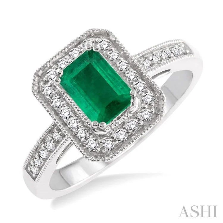 Women’s affordable engagement rings-6x4 MM Octagon Cut Emerald and 1/4 Ctw Round Cut Diamond Ring in 14K White Gold