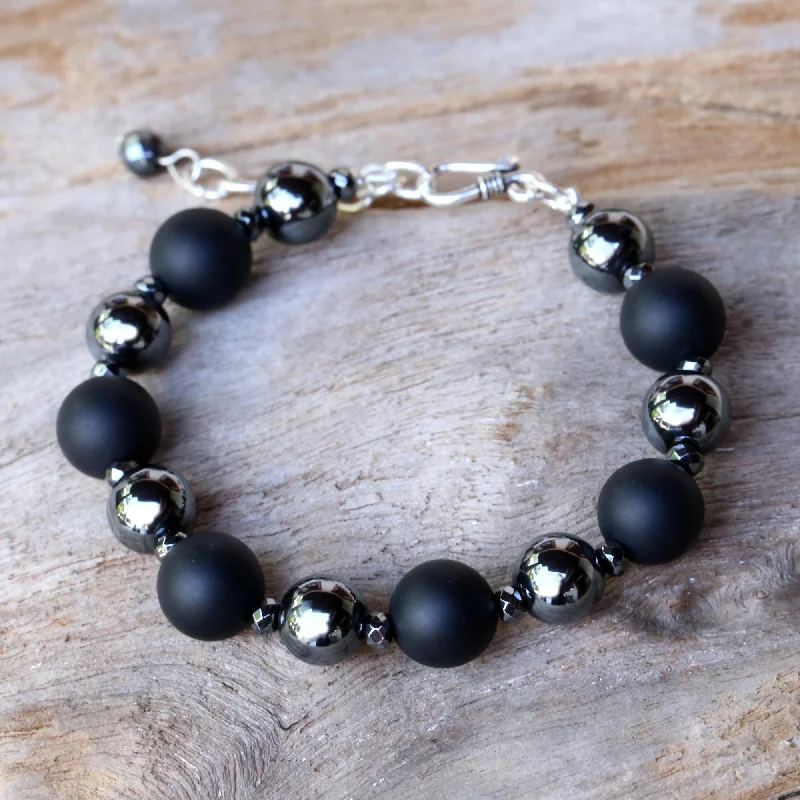 Women’s silver cuff bracelets-Dark Cosmos Onyx and Hematite Beaded Bracelet by Thai Artisans