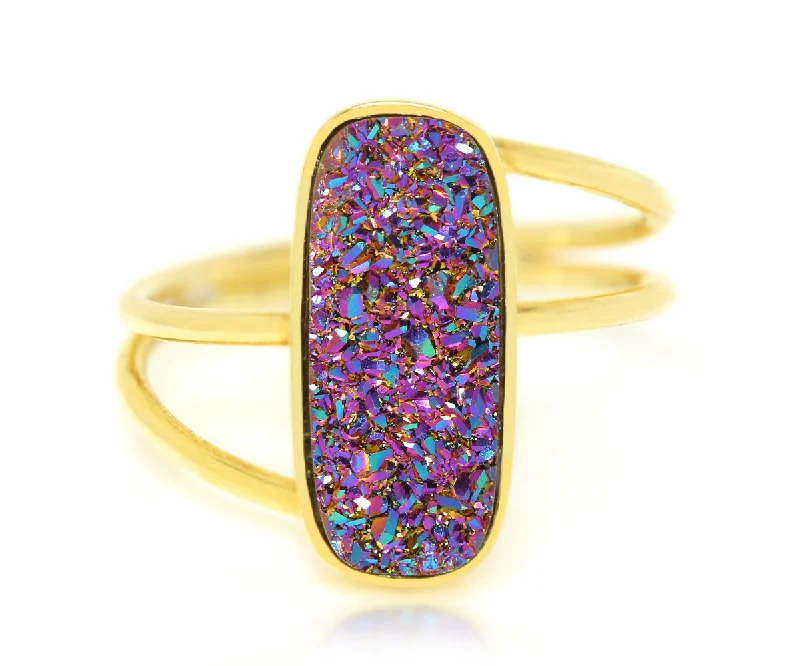 Women’s platinum wedding bands-Double Twist Rectangle Purple Rainbow Druzy Gold Ring