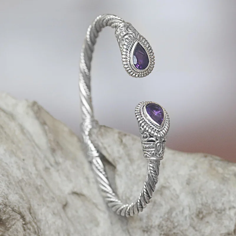 Women’s men’s style bangles-Bright Eyes Amethyst Sterling Silver Cuff Bracelet from Indonesia