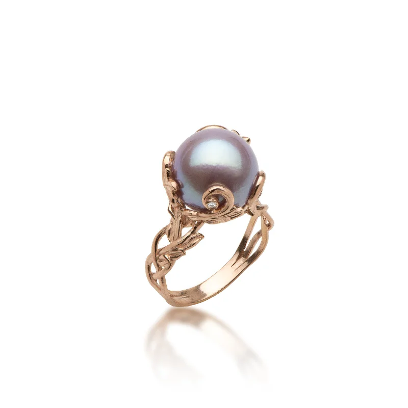 Women’s affordable engagement rings-Living Heirloom Lilac Freshwater Pearl Ring in Rose Gold with Diamonds - 11-12mm