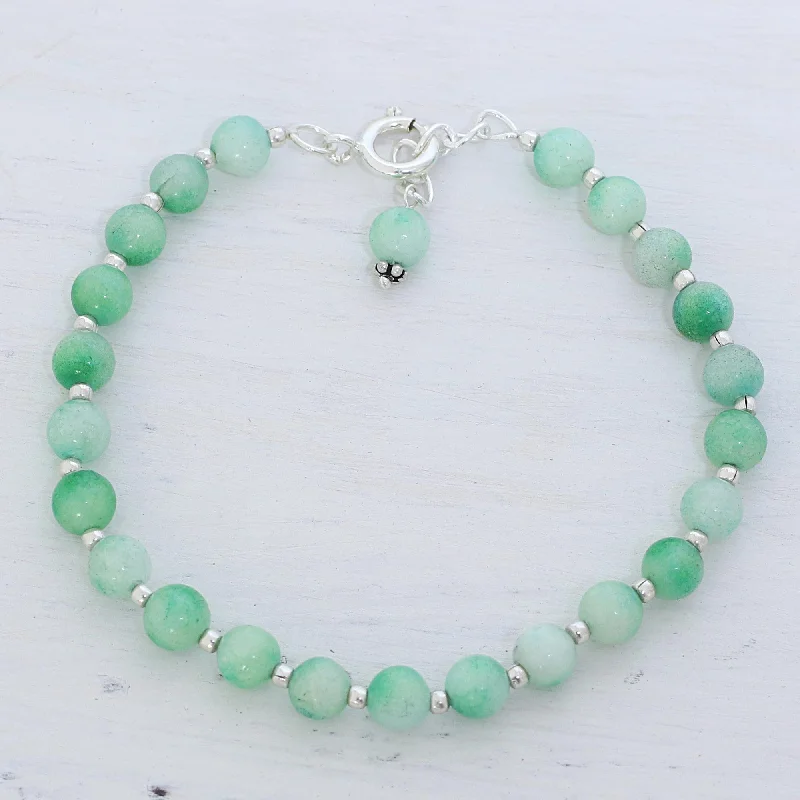 Women’s silver bracelets-Happy Delight in Light Green Quartz and Silver Beaded Bracelet in Light Green from India