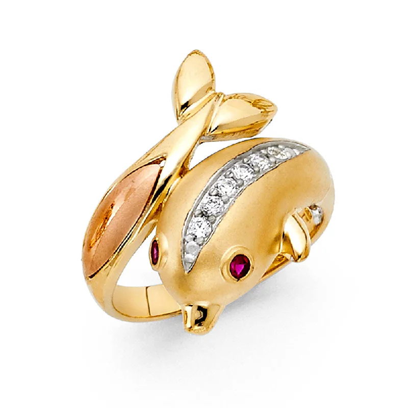 Women’s slim rings-14K Solid Gold CZ Fancy Dolphin With Tail Ring