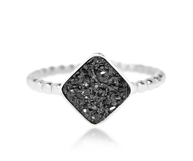 Women’s pear-shaped rings-Small Square Black Druzy Ring