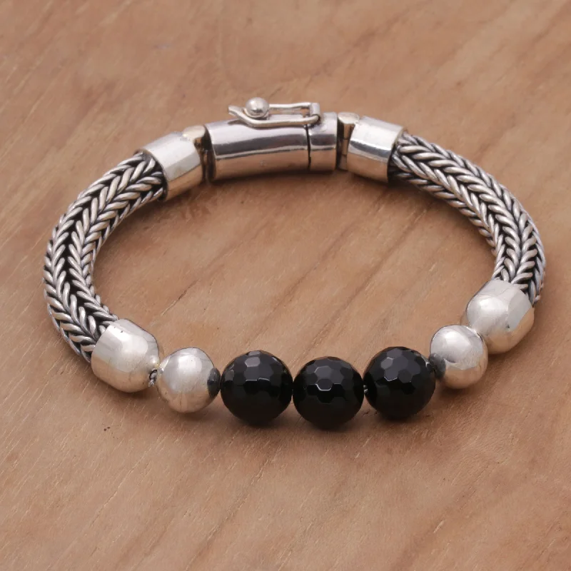 Women’s wedding bracelets-Bold Elegance Onyx and Sterling Silver Beaded Chain Bracelet from Bali