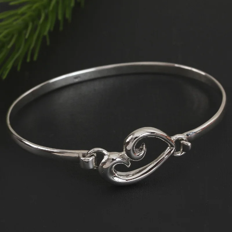 Women’s luxury leather bracelets-Heart Curl Taxco Sterling Silver Heart Bangle Bracelet from Mexico