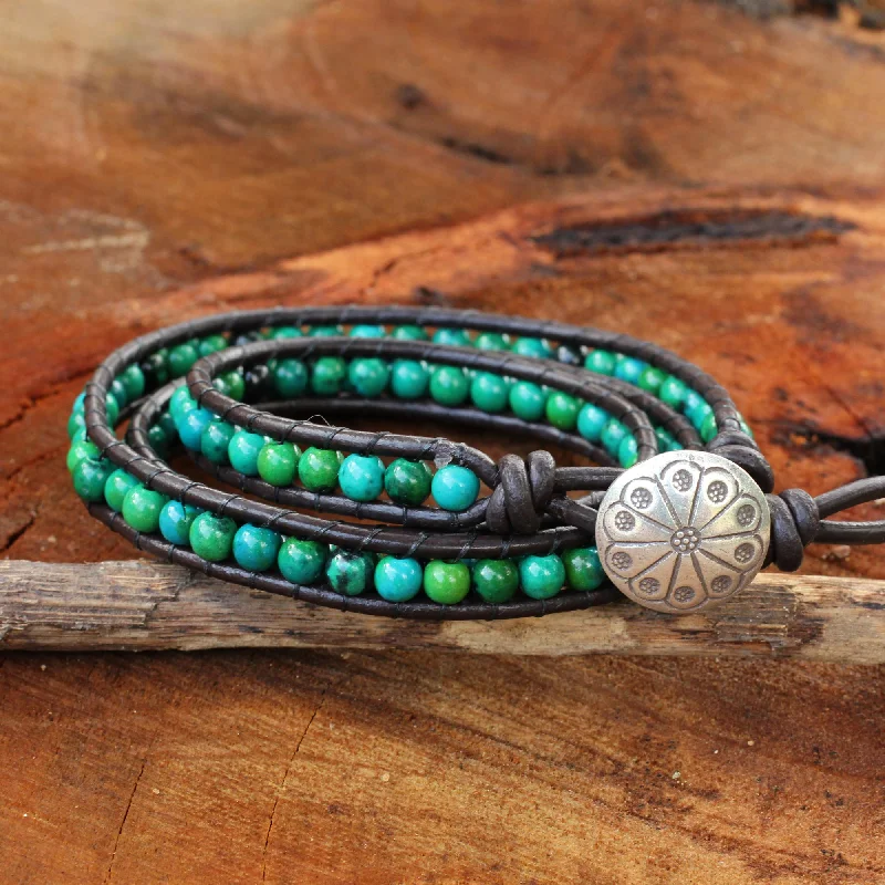 Women’s silver cuff bracelets-Sea Breeze Thai Hand Knotted Serpentine and Leather Wrap Bracelet