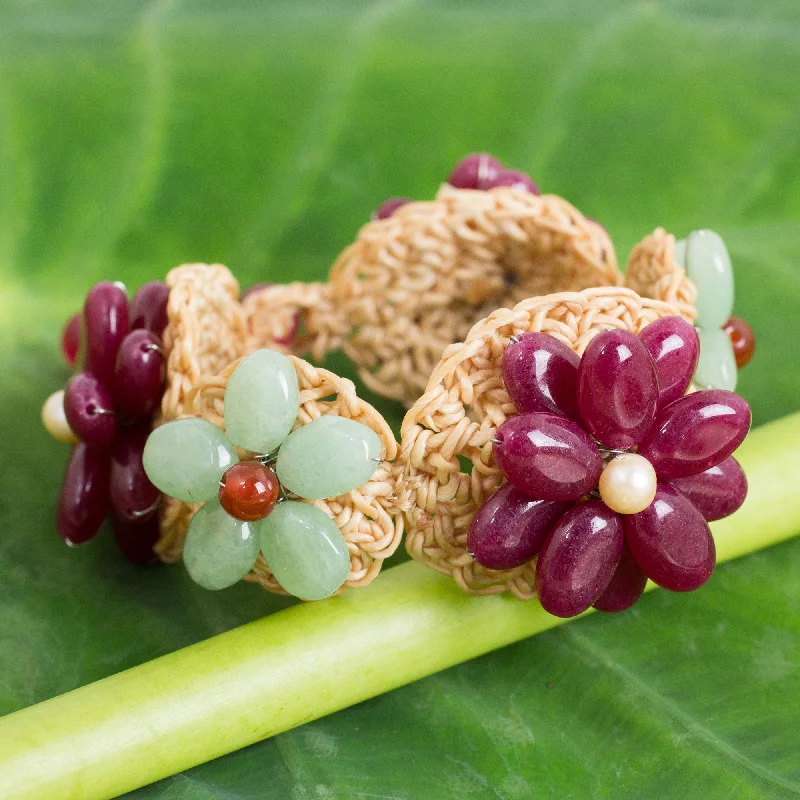 Women’s gold bracelets-Floral Garland in Berry Deep Pink and Green Quartz Crocheted Flower Bracelet