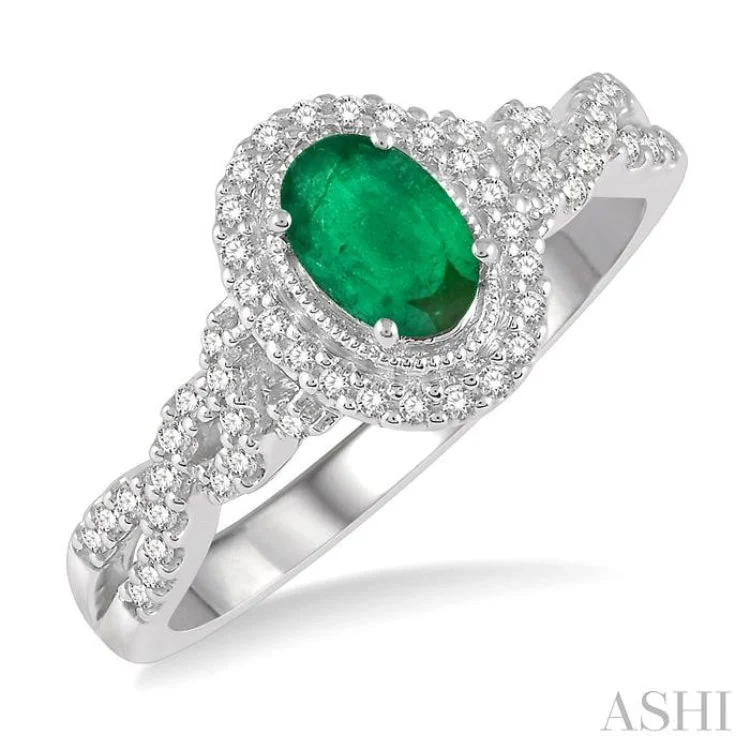 Women’s non-diamond engagement rings-1/5 Ctw Oval Shape 6x4mm Emerald & Round Cut Diamond Precious Ring in 10K White Gold