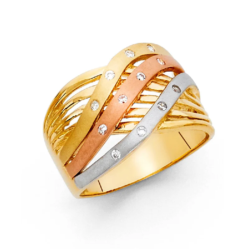 Women’s fashion rings-14K Solid Gold CZ Fancy 3 Stripe Ring